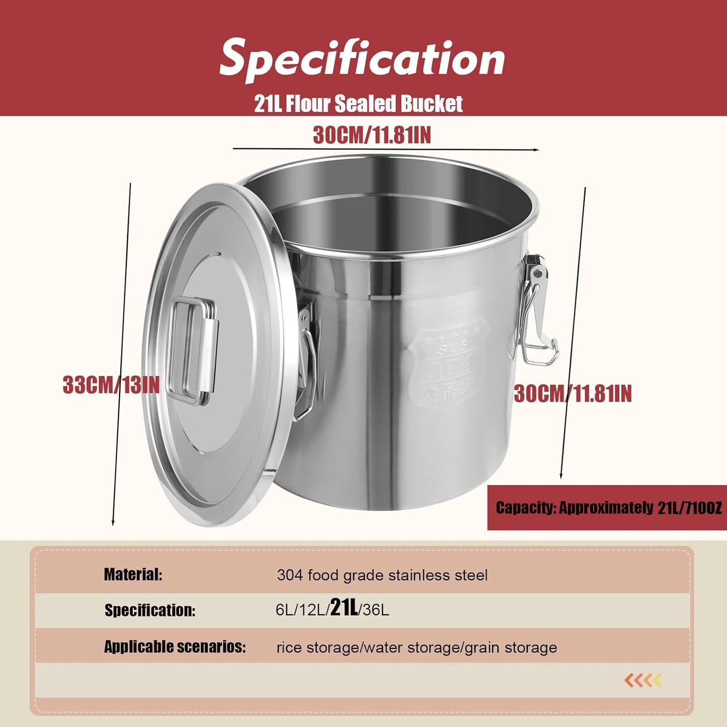 5.5Gal 304 Stainless Steel Airtight Canister,Metal Bucket Large Stainless Steel Canisters - Locking Clamp & Airtight Lids - Dog Food/Bird Seed/Coffee Storage Container