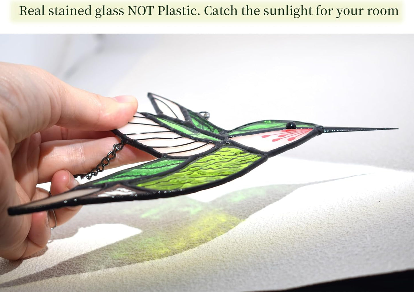 Lolitarcrafts Hummingbird Stained Glass Window Hangings Bird Stained Glass Suncatchers Hummingbird Gifts for Mom,Bird Lovers (Green)