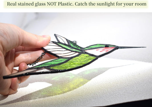 Lolitarcrafts Hummingbird Stained Glass Window Hangings Bird Stained Glass Suncatchers Hummingbird Gifts for Mom,Bird Lovers (Green)