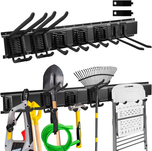 Garage Tool Organizer Wall Mount 48 inches Sturdy Storage Rack with Adjustable Hooks, Anti-Rust - Easy Installation, 12 Packs Capacity Garden Tool Organizer