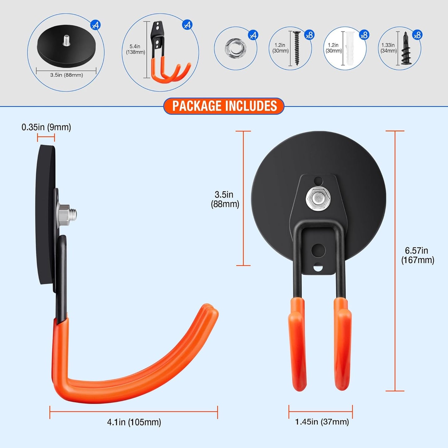 4Pcs Large Strong Magnetic Hooks for Hanging Heavy Duty, 3.5in Neodymium Magnet Storage Utility Hooks, Steel Long Magnetic Holder/Hanger Hook Organizer for Hanging Garage/Garden/Power Tools