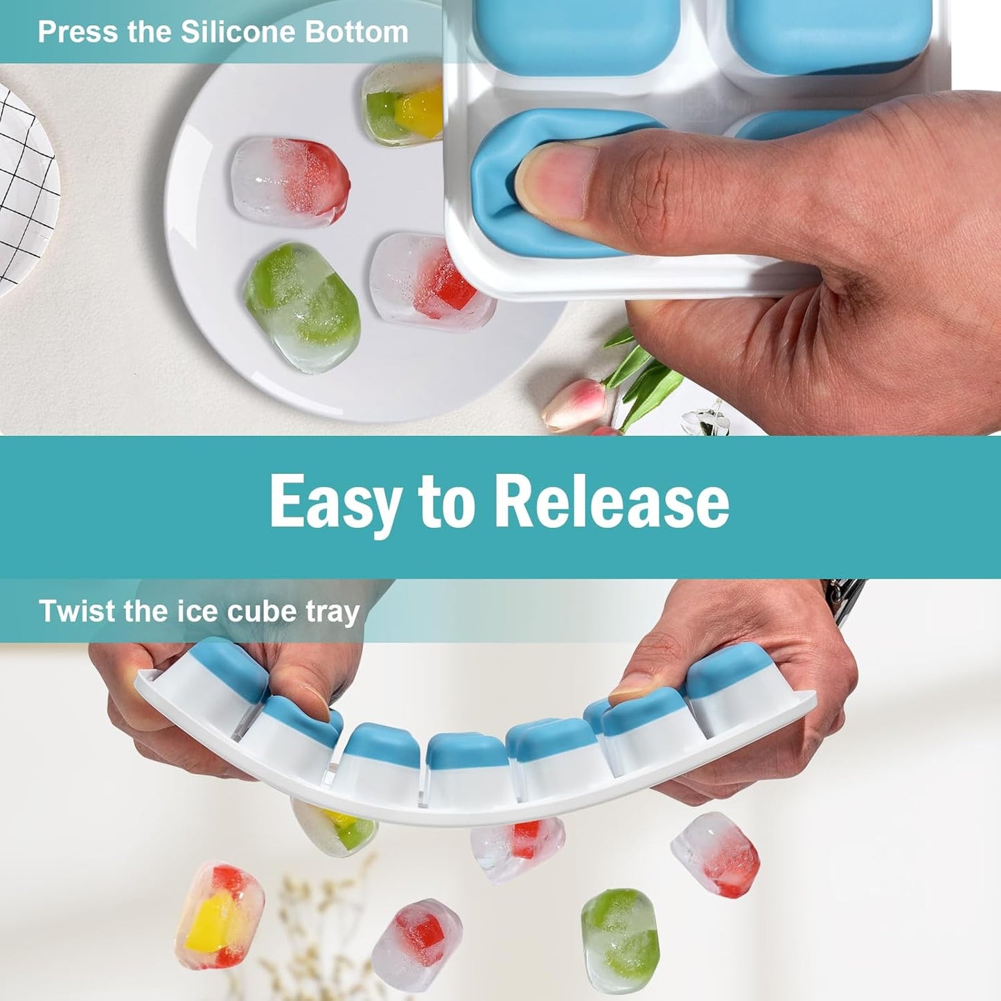 3 Pack Ice Cube Trays with Lids, Flexible Silicone Bottom for Easy Release, Stackable & Space-Saving Ice Molds, 1.2" Cubes Color-Coded (2 Green 1 Blue) for Juice, Coffee & Cocktails, BPA Free