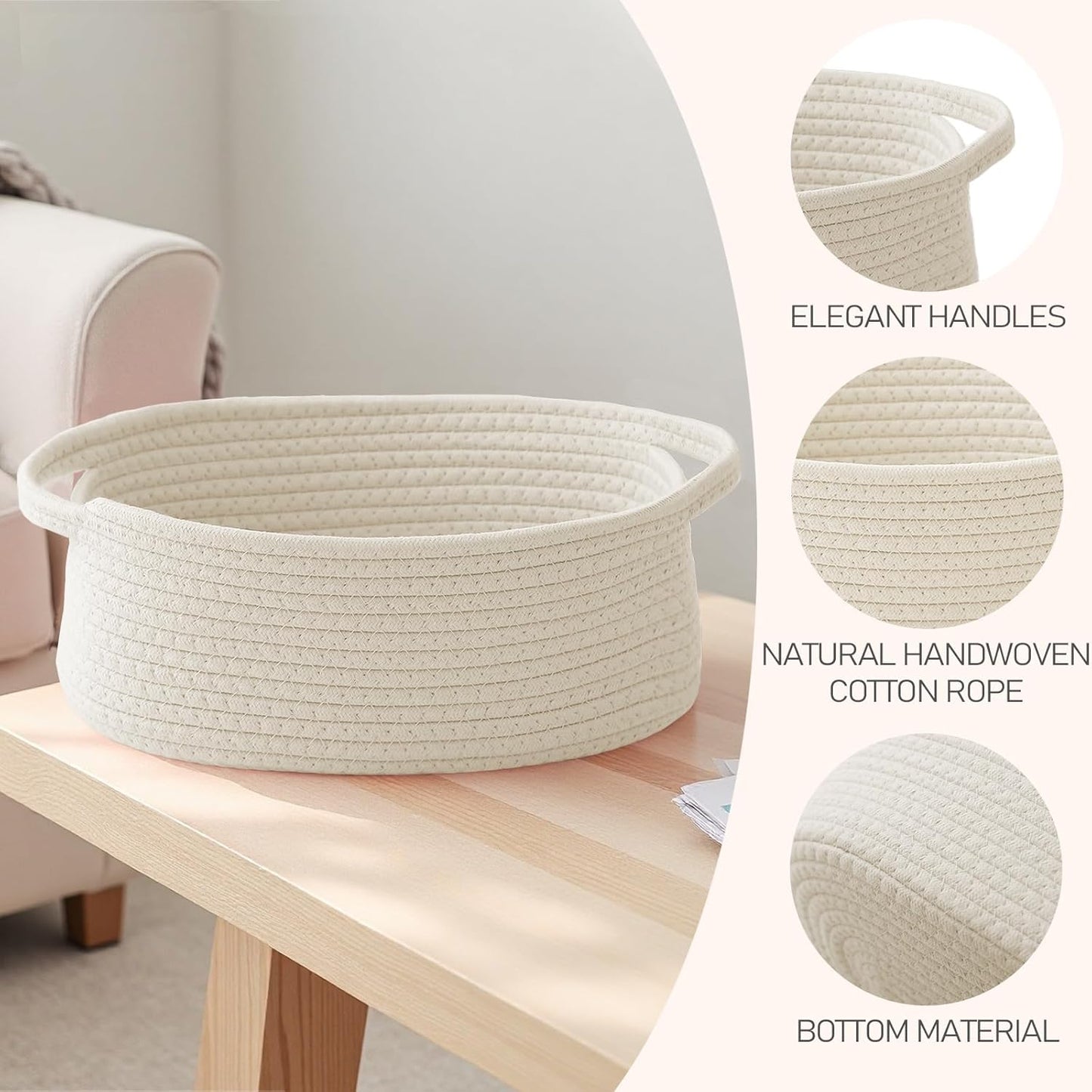Woven Basket,Small Rope Storage Bin with Handles & Ribbon Bag, Organizer for Shelves Closets,Gift Basket Empty for Birthday,Books,Dog Toys,White