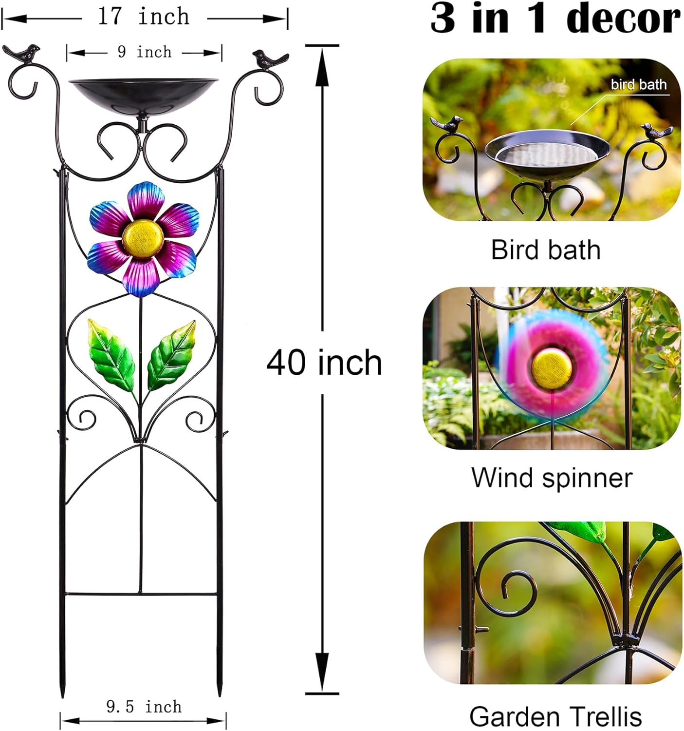 Bird Bath with Trellis Outdoor - 40" Antique Iron Free Standing with 9" Detachable Basin, Spinning Flower Windmill & Birdfeeder Station for Garden Decor