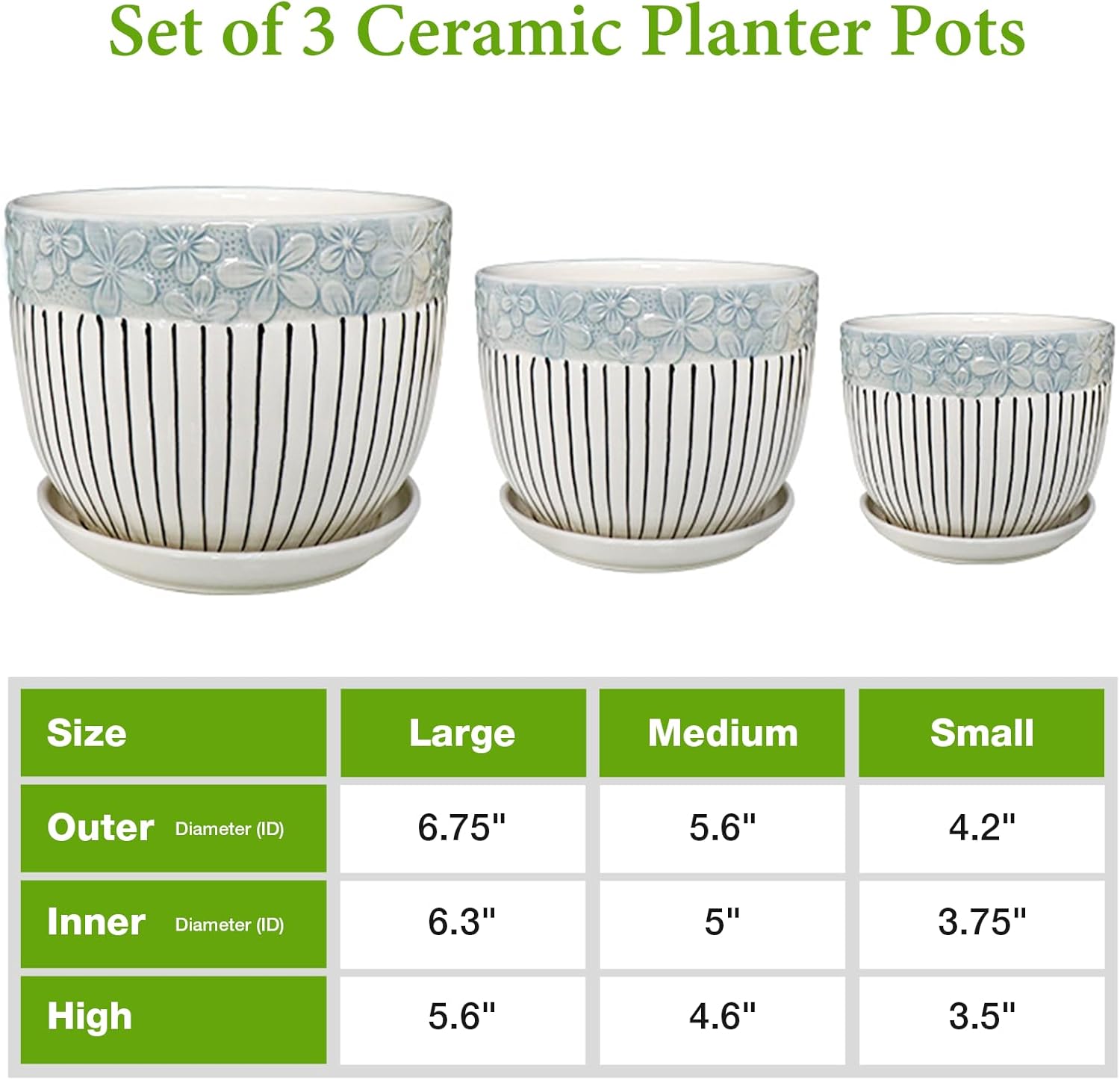 Ceramic Plant Pots Set of 3, 6.75/5.6/4.2 inch Planters with Drainage 