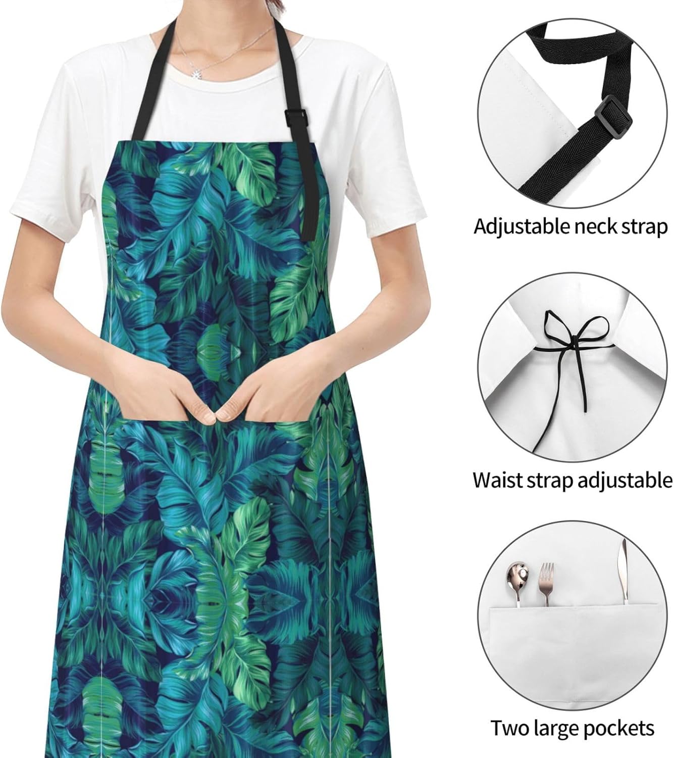 Tropical Palm Leaves Print 28x33 In Adult Kitchen Apron with Pockets Versatile Chef Smock for Cooking Baking