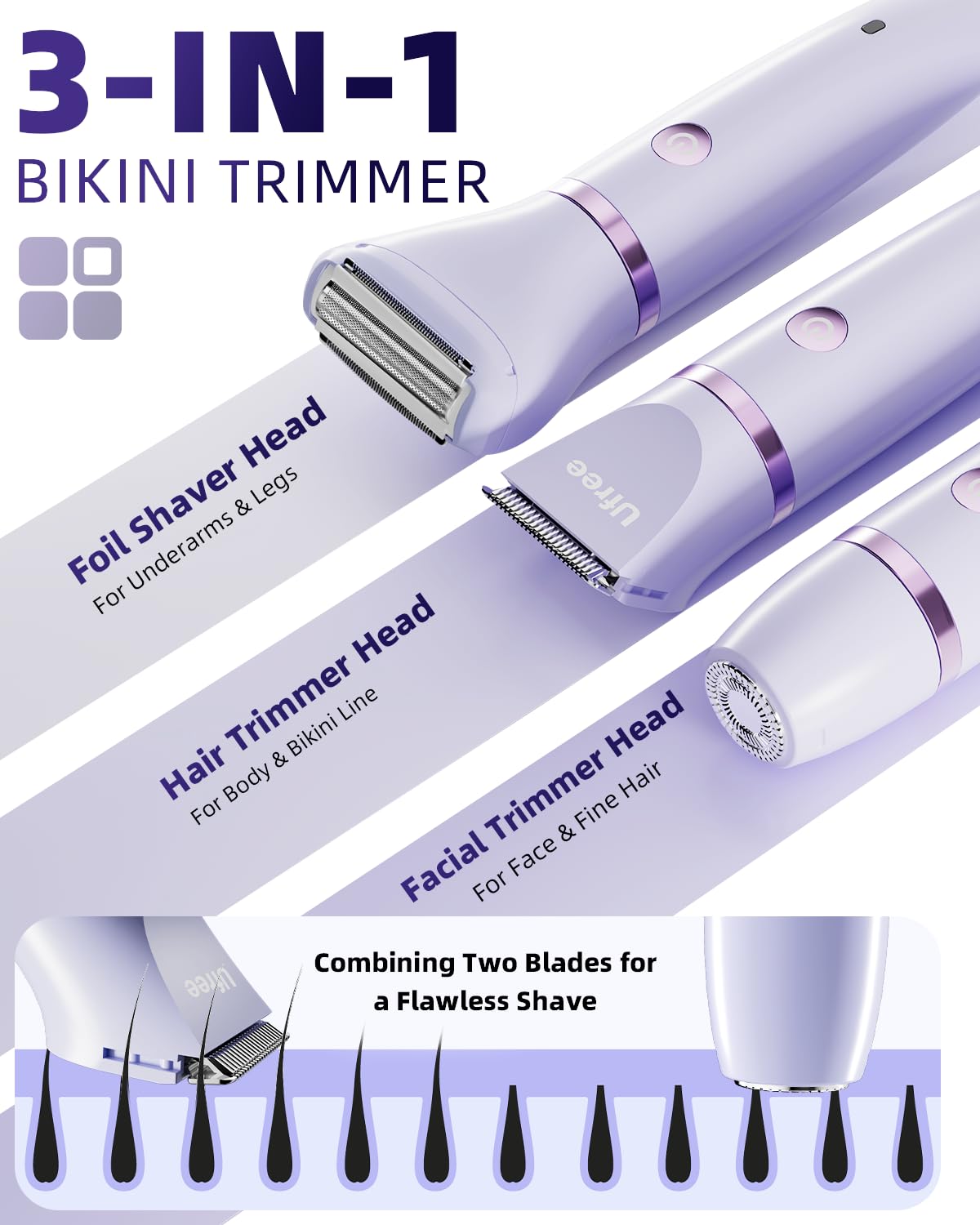 Ufree Bikini Trimmer Electric Razors for Women, Rechargeable Pubic Bod