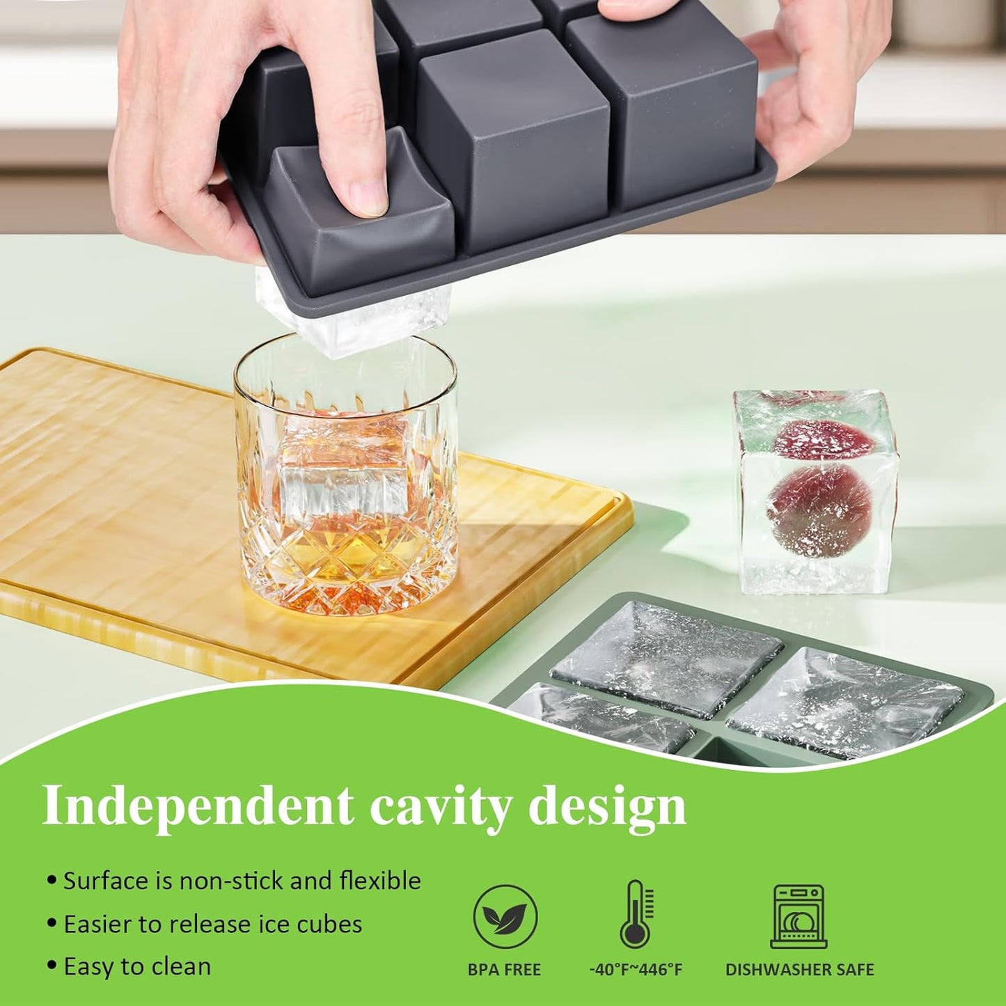 Large Ice Cube Tray for Whiskey: 2" Big Silicone Ice Tray with Lid for