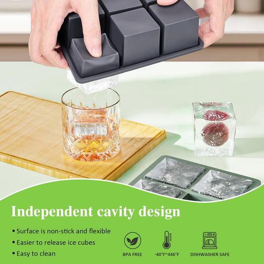 Large Ice Cube Tray for Whiskey: 2" Big Silicone Ice Tray with Lid for