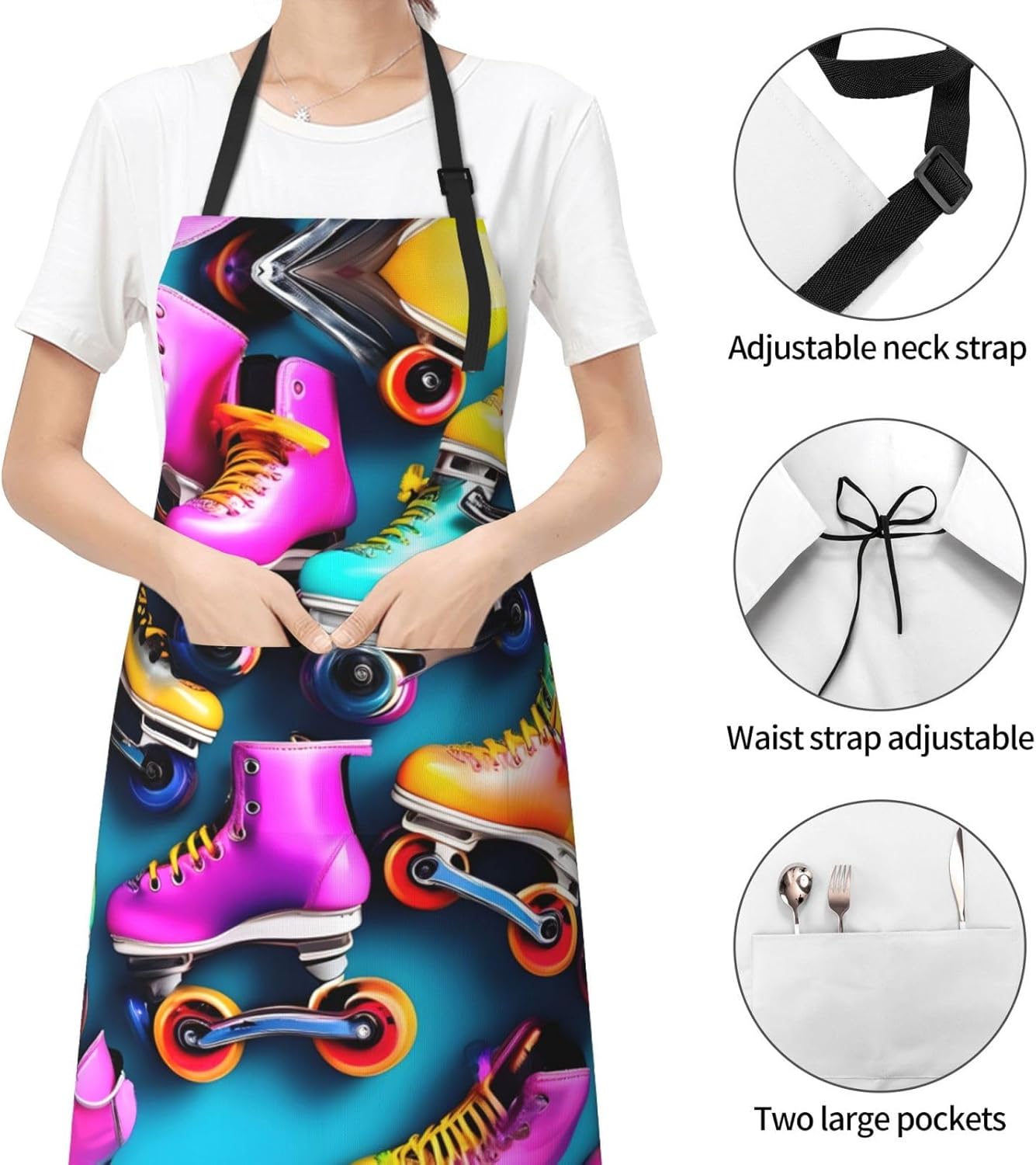 Colorful Roller Skates Print Laundry apron 28x33 In Waterproof Kitchen Apron with Pockets for Cooking Baking