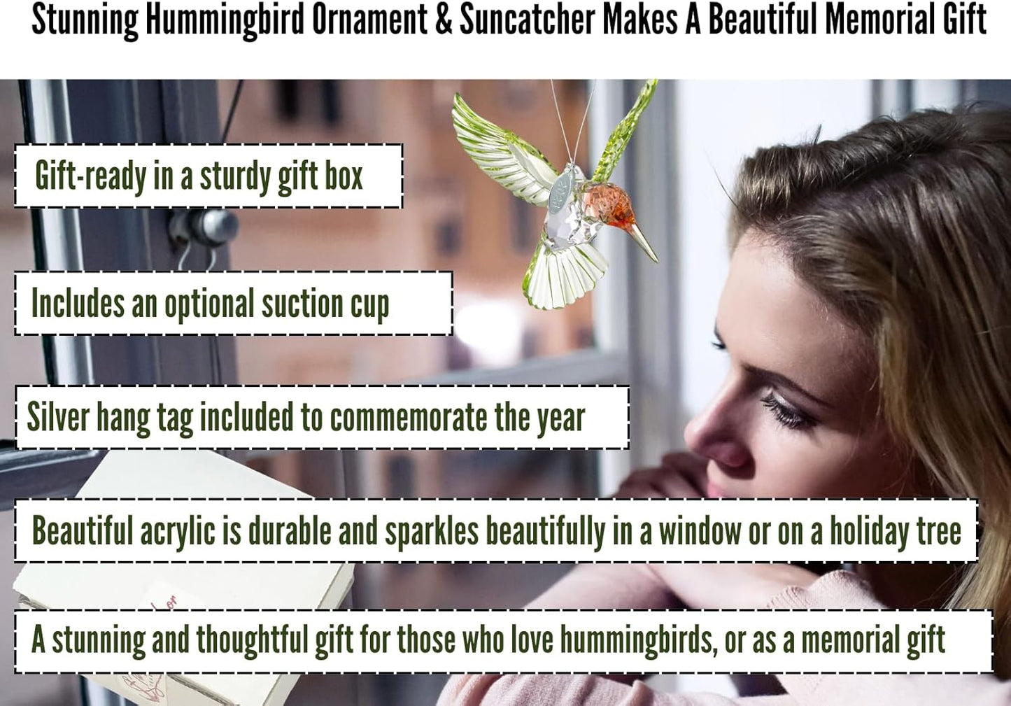 Crystal Suncatcher with Prism - Red-Throated Hummingbird Acrylic Ornament, Stunning Hummingbird Suncatcher or Bird Memorial Ornament, Includes Suction Cup, 2026 hangtag and Gift Box