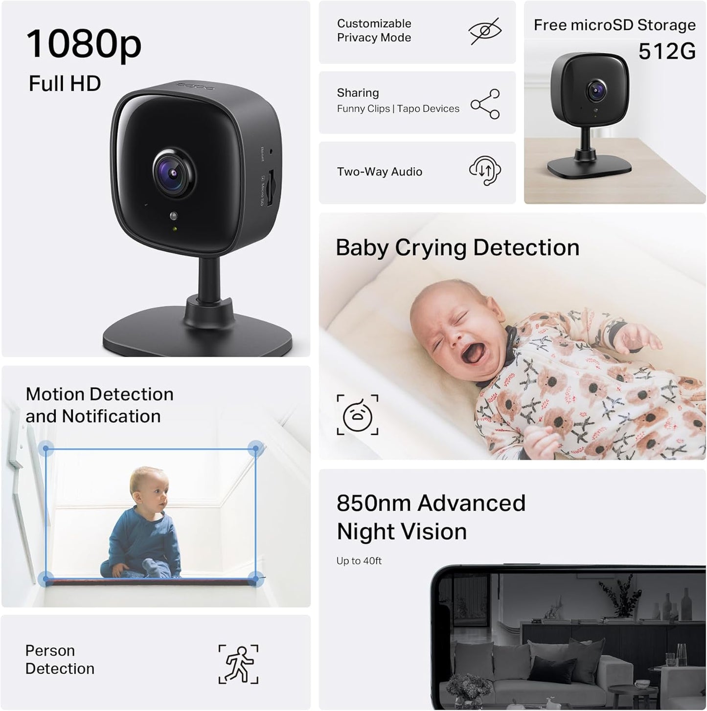 Tapo 1080P Indoor Wired Security Camera - Works as a Baby Monitor & Pe