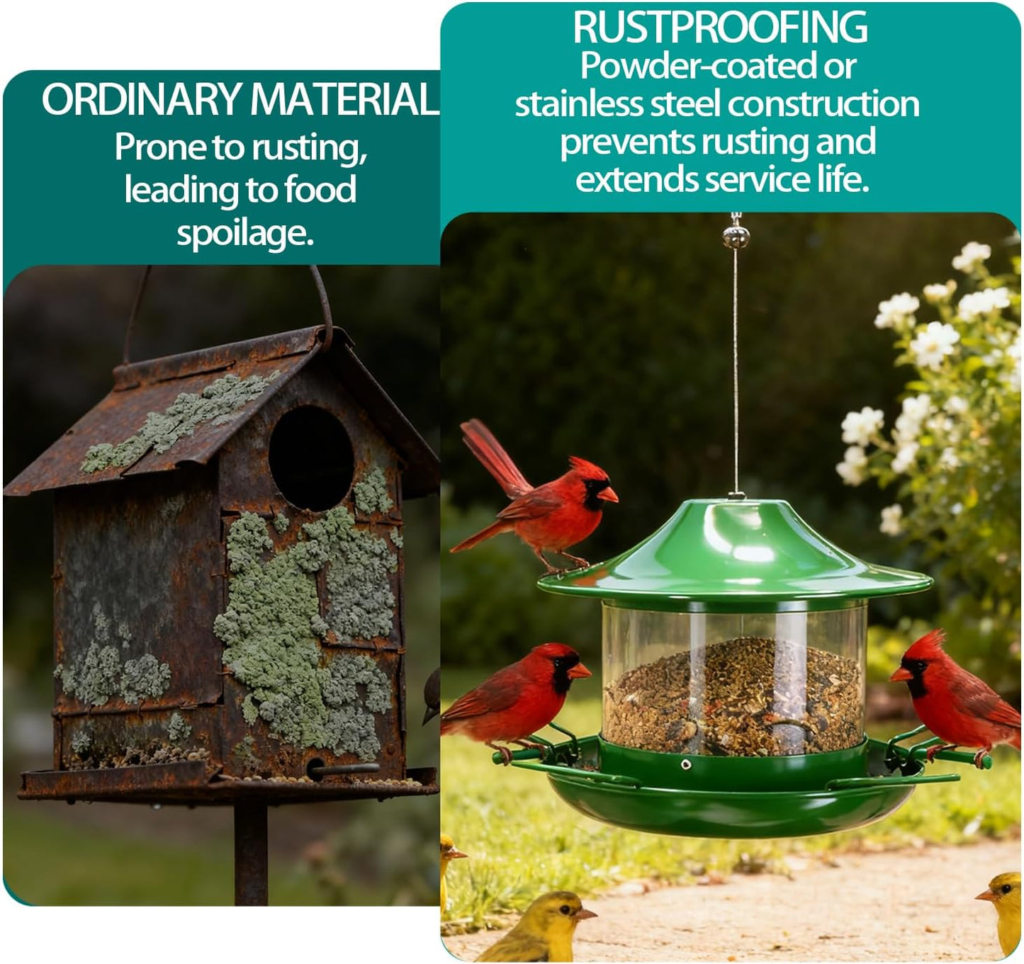 Outdoor Hanging Bird Feeder Visible Metal Construction for Durability 1.8L Capacity Multi-Hole Seed Tray Multiple Feeding Stations Green Color Adjustable Hanging Design Easy-Fill lid (Green)