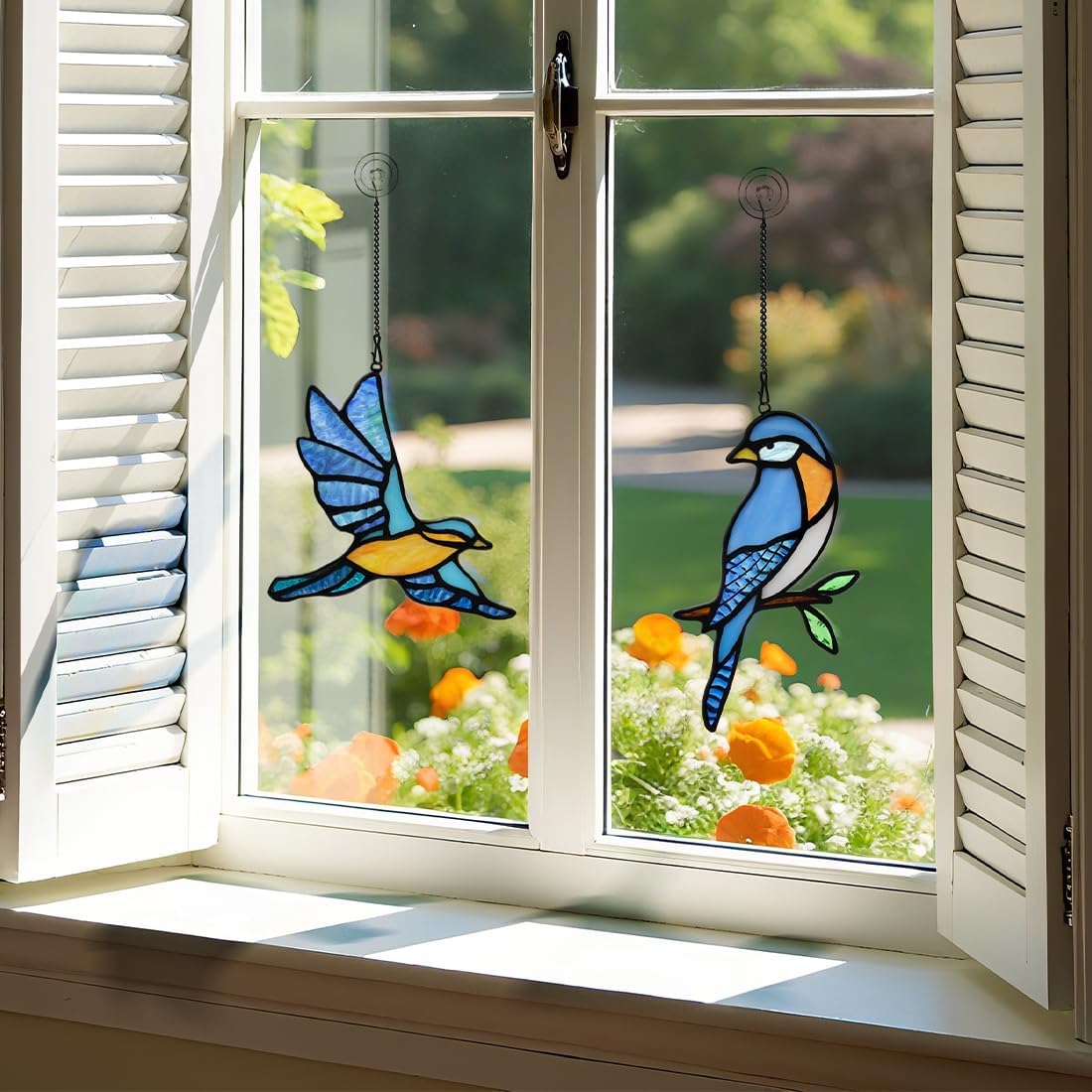 BOXCASA Blue Birds Decor Stained Glass Suncathers for Window,Stained Glass Bird Window Hanging,Birds Gifts for Bird Lovers,Birthday Gift for Women Mom Grandma