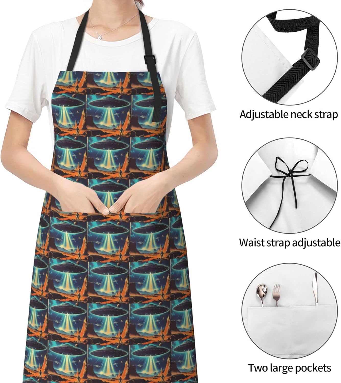 YANYU Universe Planet Print 28x33 In Kitchen Apron Stylish Chef Apron with Pockets for Cooking Baking Painting