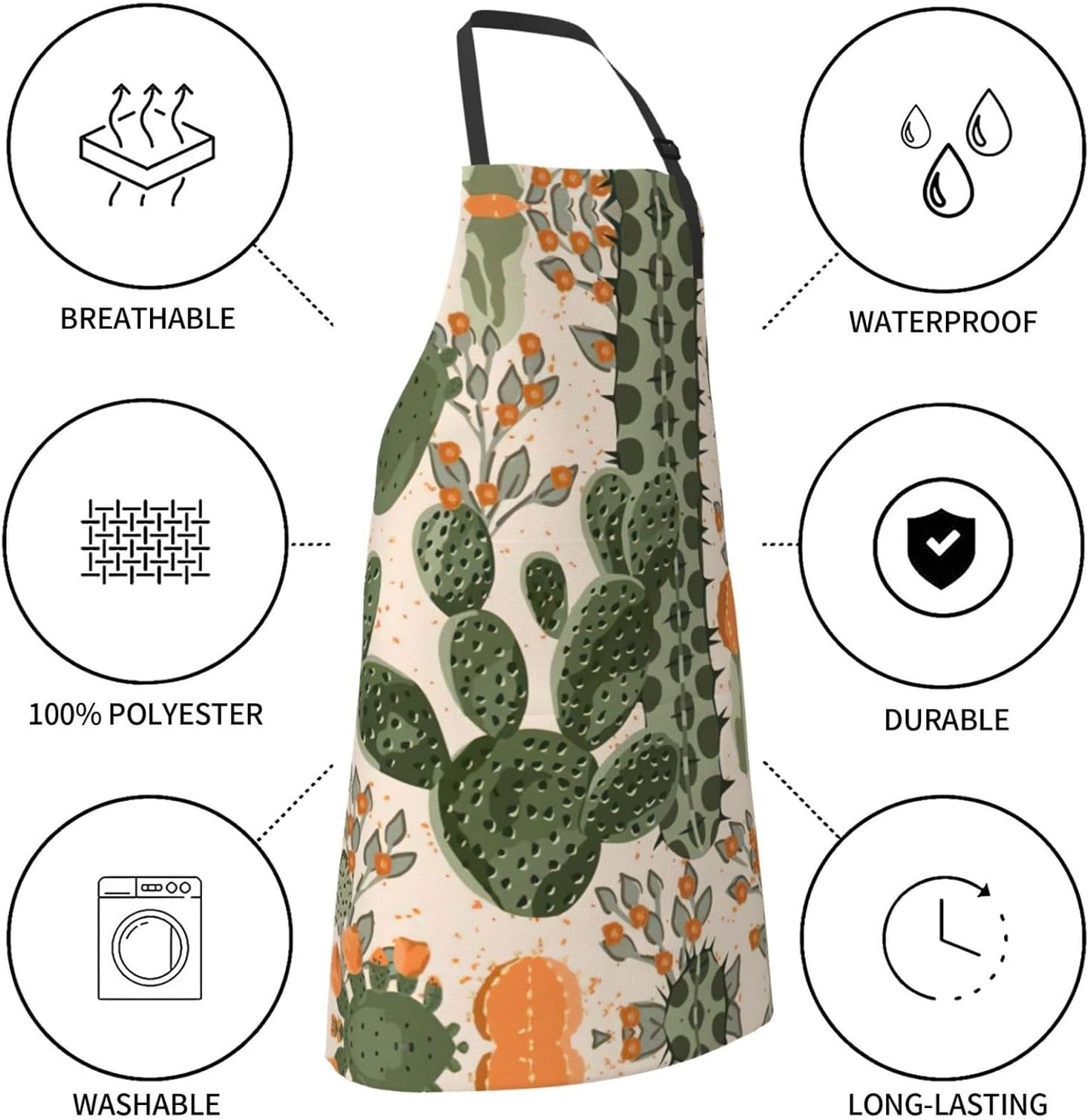 Green Cactus Print Laundry apron 28x33 In Waterproof Kitchen Apron with Pockets for Cooking Baking