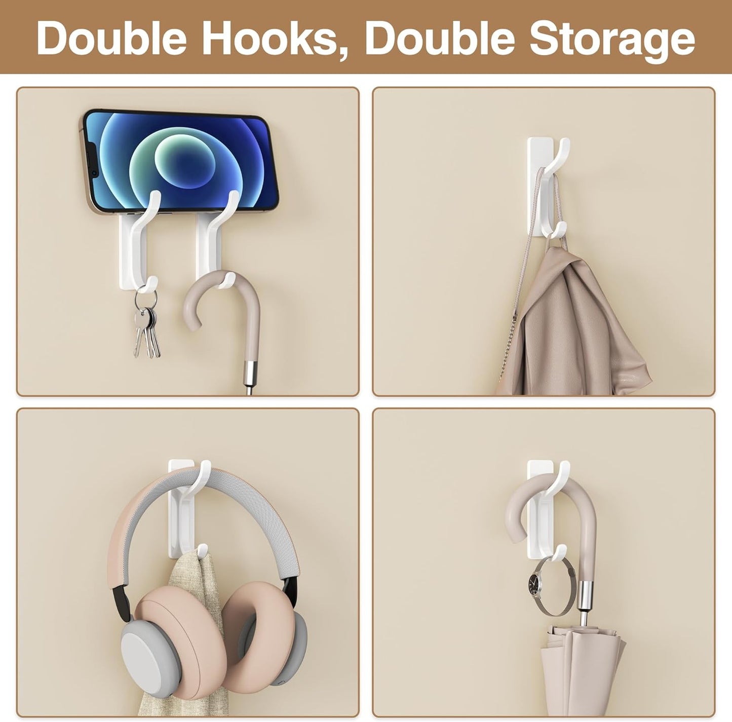pickpiff Adhesive Wall Coat Hooks - Heavy Duty Stick-On Door Hanger, Metal Hook for Hanging Towel,Purse, Robe, Backpack, Jacket, Clothes - for Bathroom,Dorm, Closet, Kitchen - White, 4 Pack