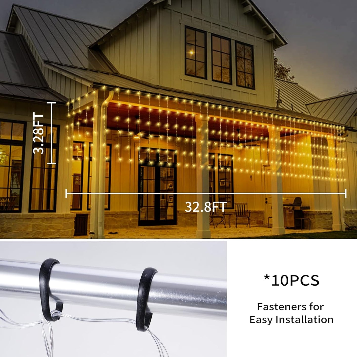 32.8 * 3.28FT Large Size Solar Curtain Icicle Lights Outdoor, 8 Modes Outdoor String Icicle Curtain Lights, Solar Christmas Garden Light for Patio, Gazebo, Eaves, Fence, Tree, Porch (Warm White)