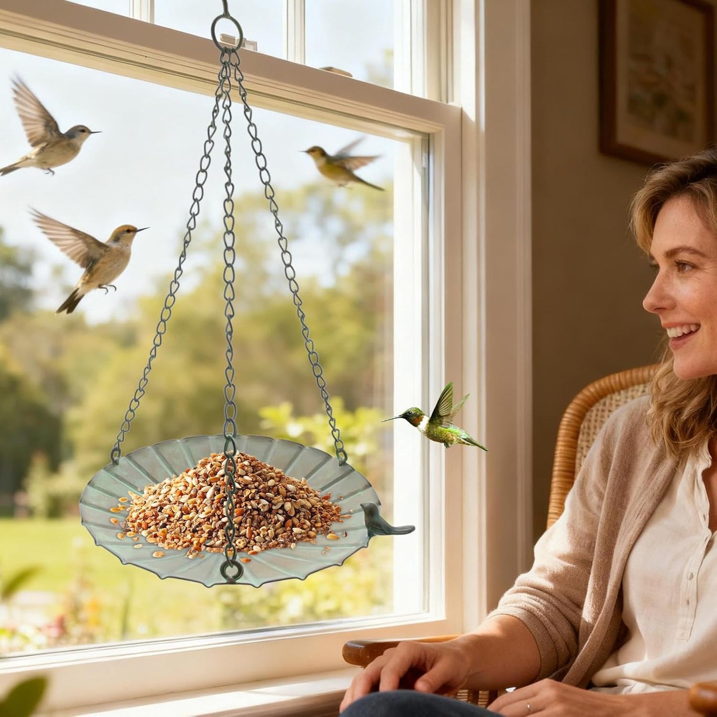 Tray Bird Feeder - Large Capacity Iron Hanging Station for Outdoor Bird Attraction, Wild Birds Viewing Enhancement with Open Mesh Design, Hanging Feeder Tray for Garden Balcony 12 Inch