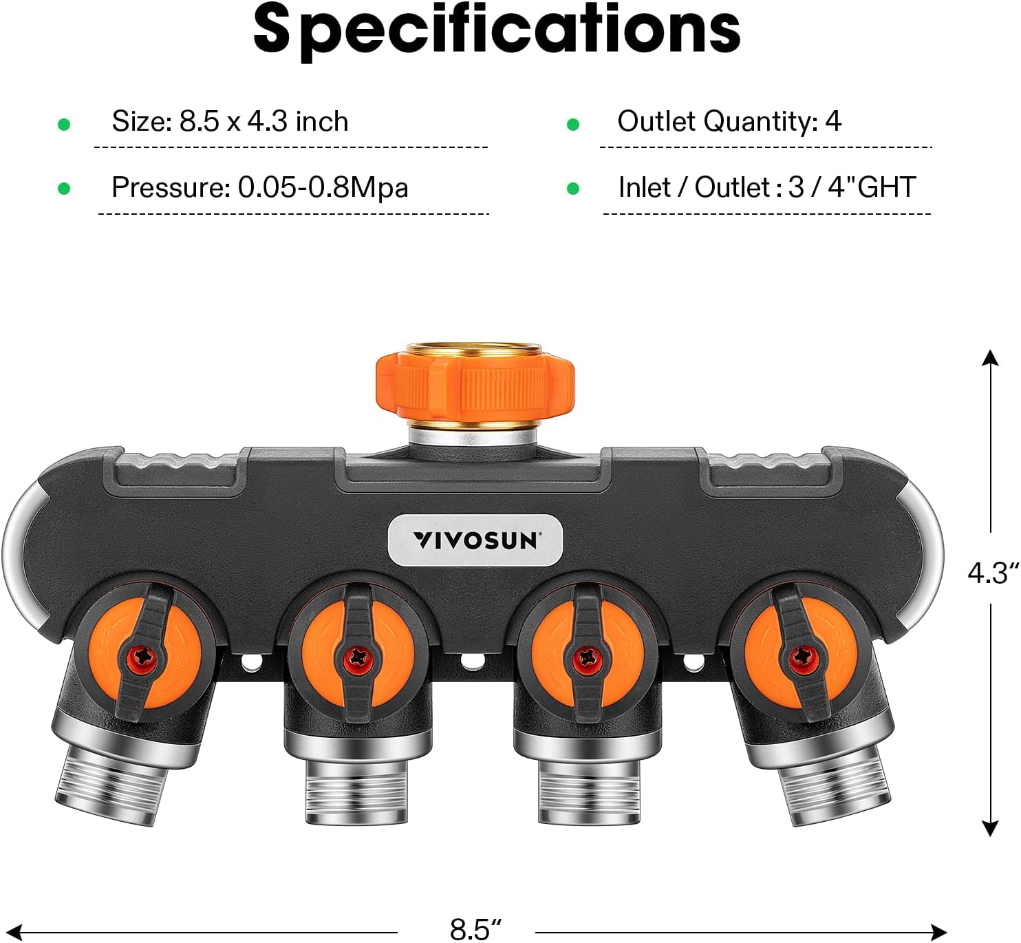 VIVOSUN Garden Hose Splitter 4 Way, Heavy Duty Water Hose Connector 3/