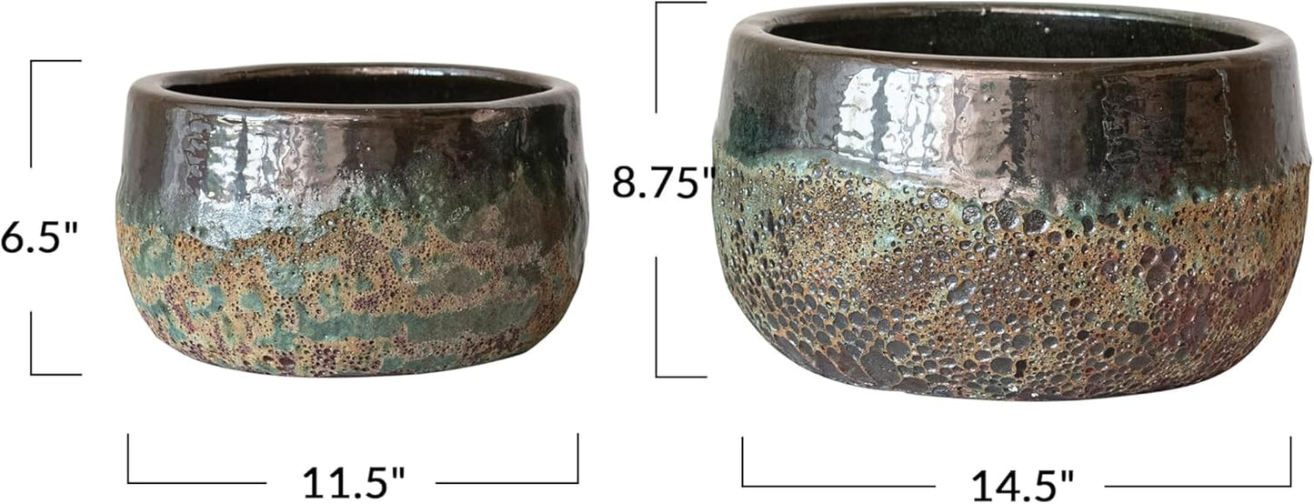 Creative Co-Op Textured Terra-Cotta Planters, Set of 2, Blue and Brown
