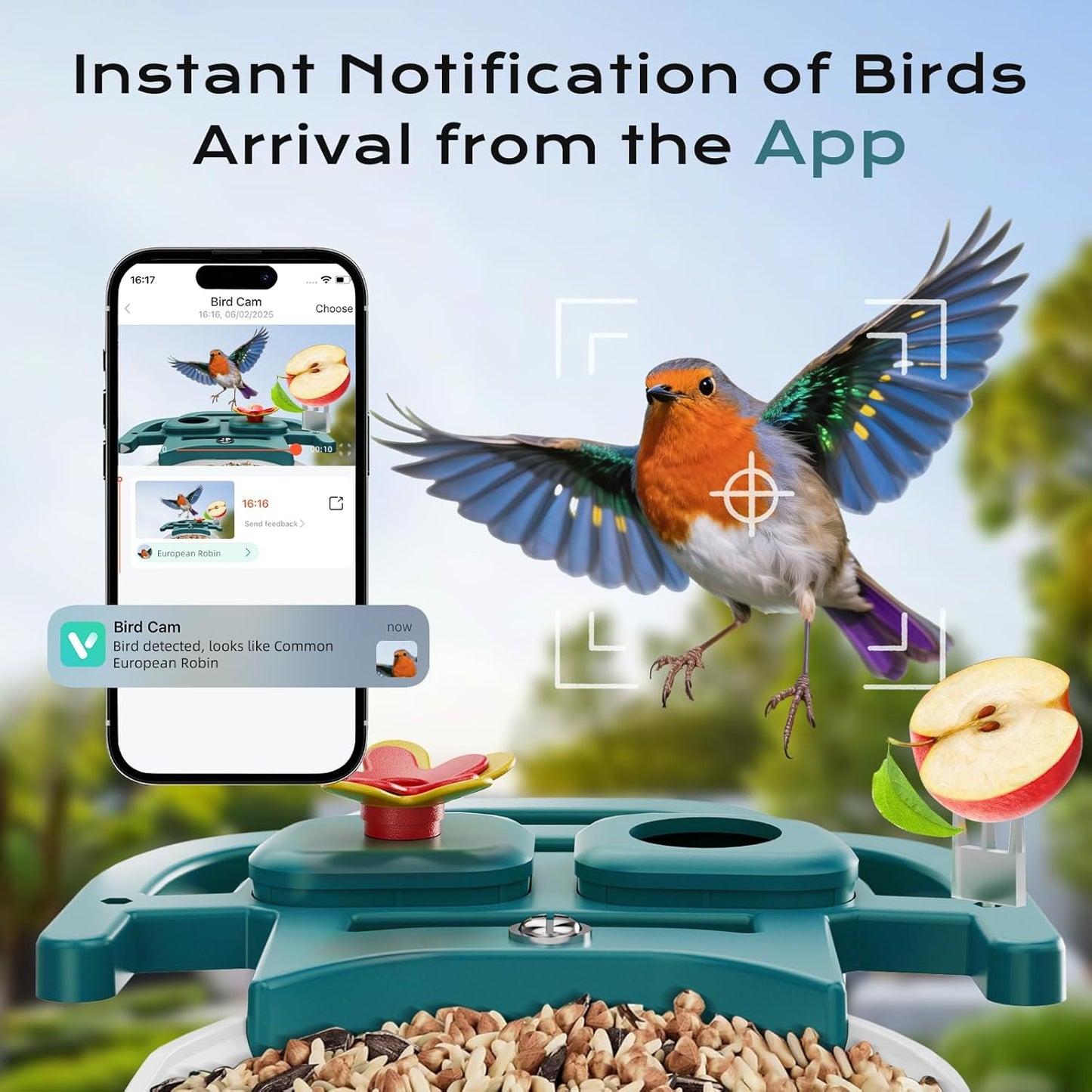 Bird Feeder with Camera, Solar Powered Outdoor Birdhouse, AI Smart Identify 10000+ Birds Species, Instant Motion Detection & Alerts, Watching & Capture BirdVideo, Gifts for Bird-Lovers(Cyan-Blue)
