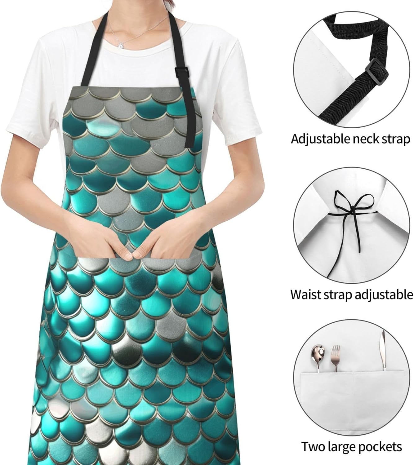 YANYU Mermaid Scale Print 28x33 In Kitchen Apron Stylish Chef Apron with Pockets for Cooking Baking Painting