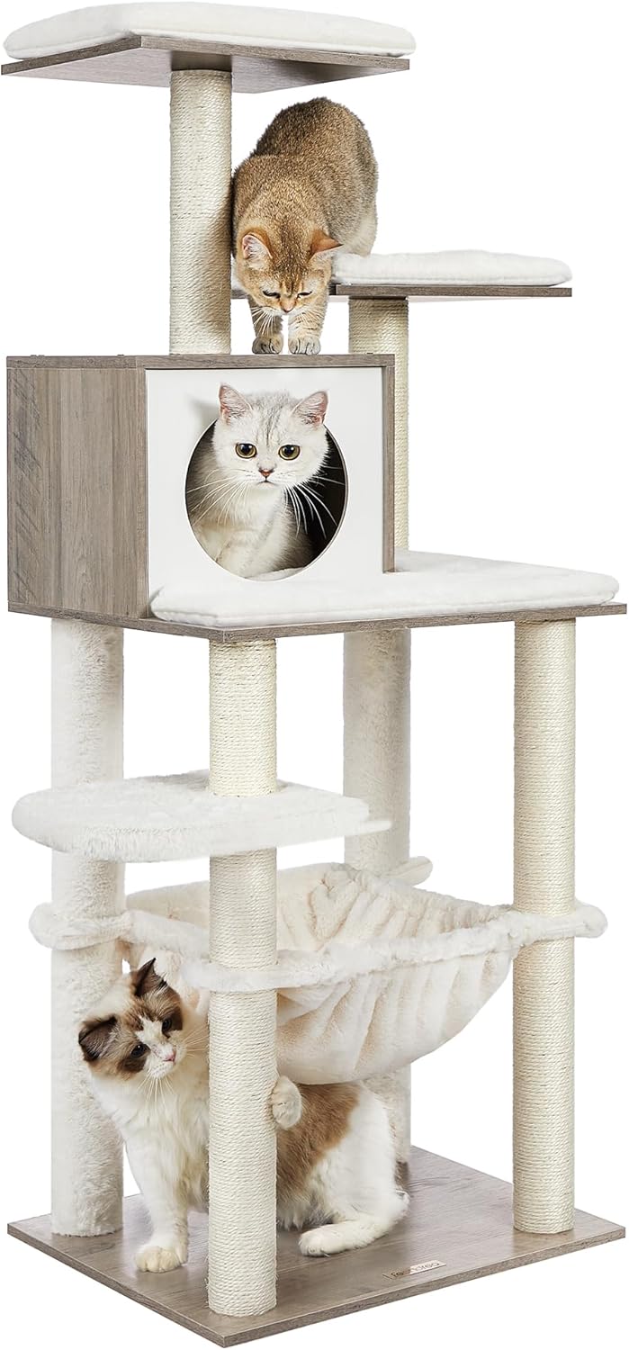 Feandrea Cat Tree, 56.3-Inch Modern Cat Tower, Multi-Level Plush Condo