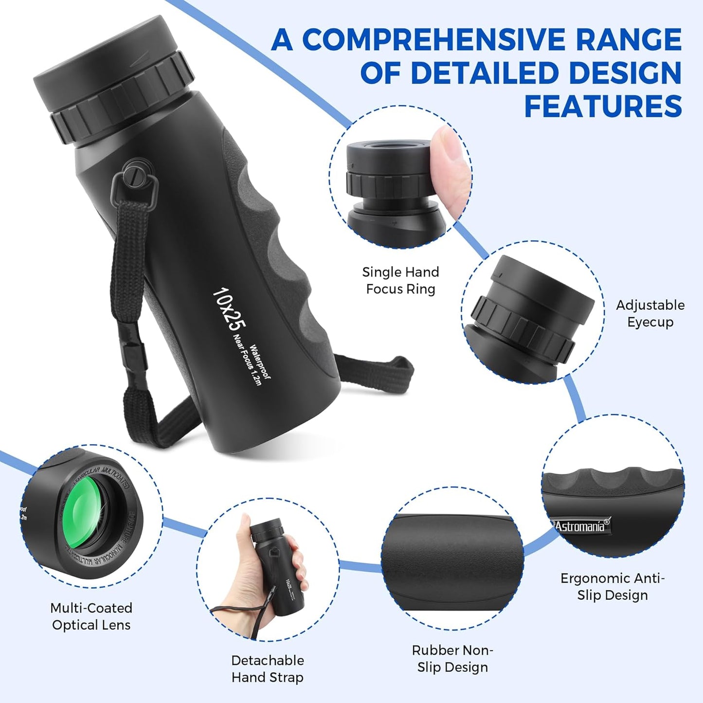 Astromania 10x25 Monocular for Adults, Compact Outdoor Accessory with Multi-Coated Optics BAK7 Prism & Twist-Up Eyecup, Waterproof & Fogproof Ideal for Bird Watching Hunting Sport and Wildlife Viewing
