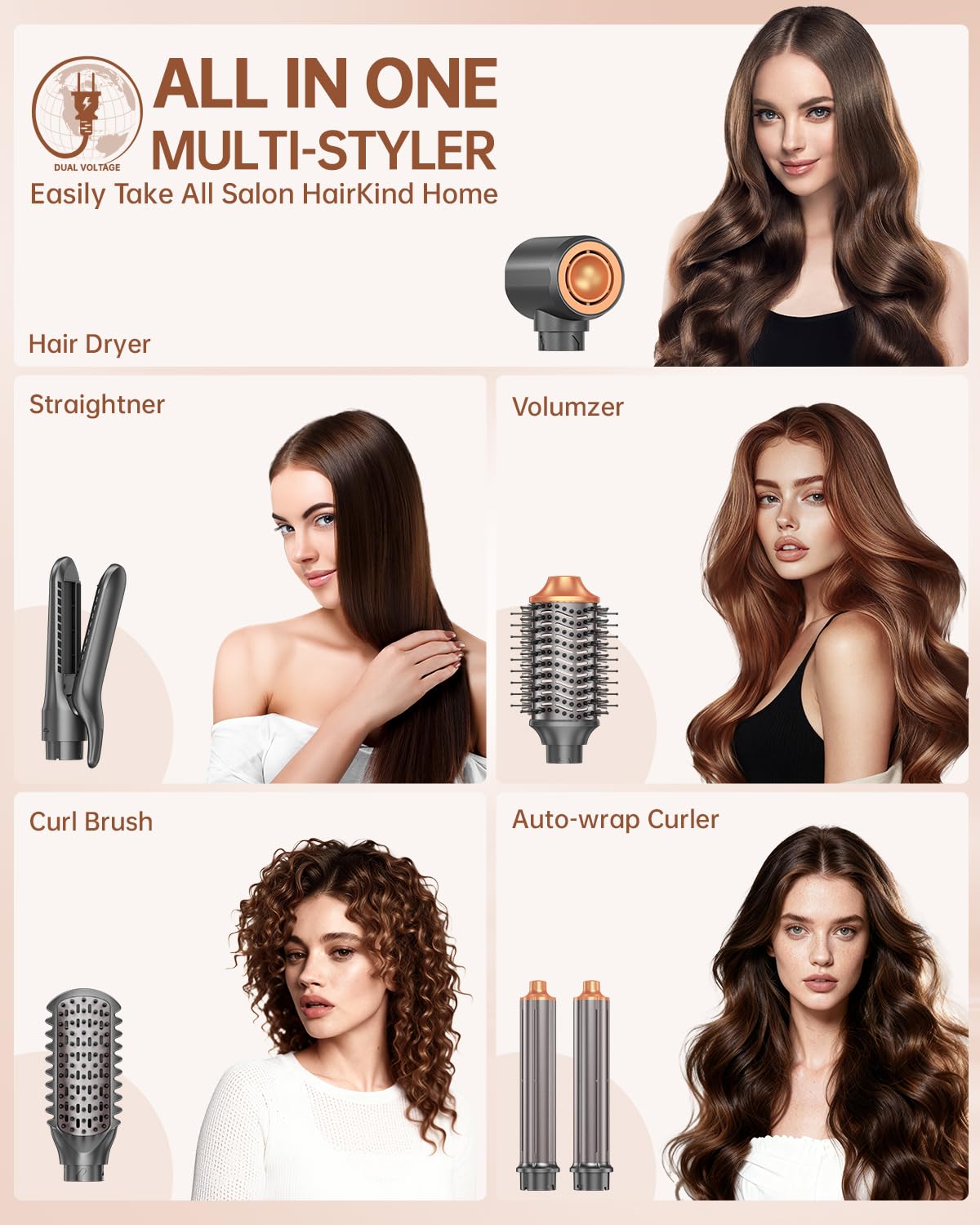 Hair Dryer Brush Air Styler: Dual Voltage 7 in 1 Ionic Multi Styling T