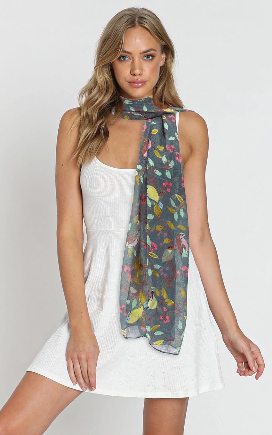 GERINLY Scarfs for Women Lightweight Floral Birds Print Cotton Scarves