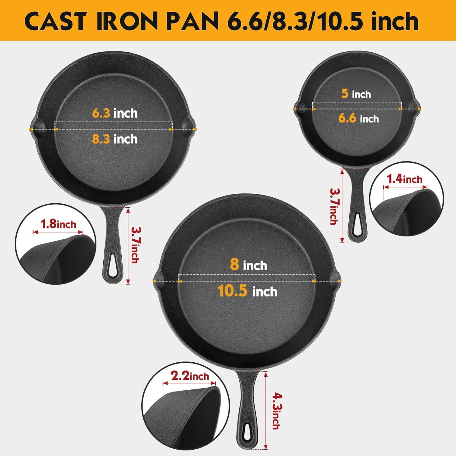Pre-Seasoned Cast Iron Skillet Set - 3 Piece Frying Pan With Heat-Resi