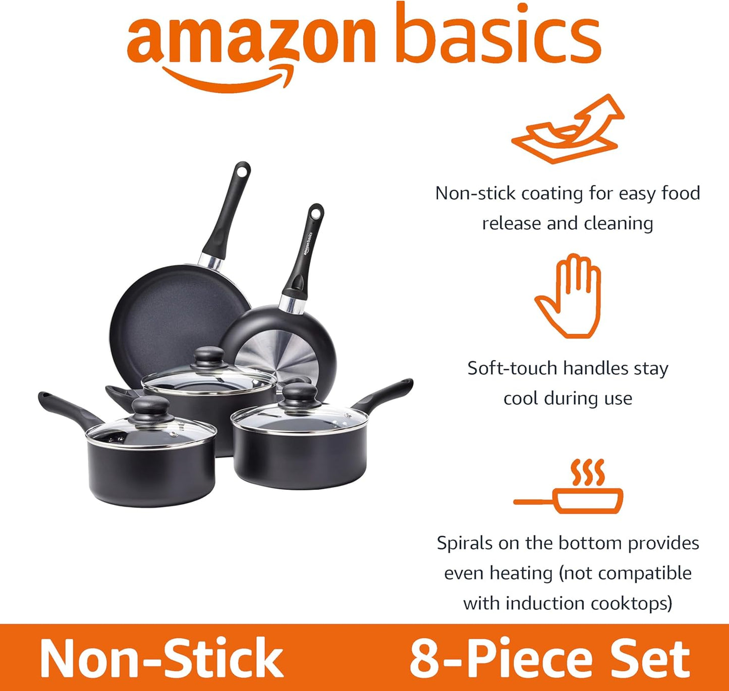 Amazon Basics Non-Stick Kitchen Cookware 8-Piece Set, Non-Induction, I