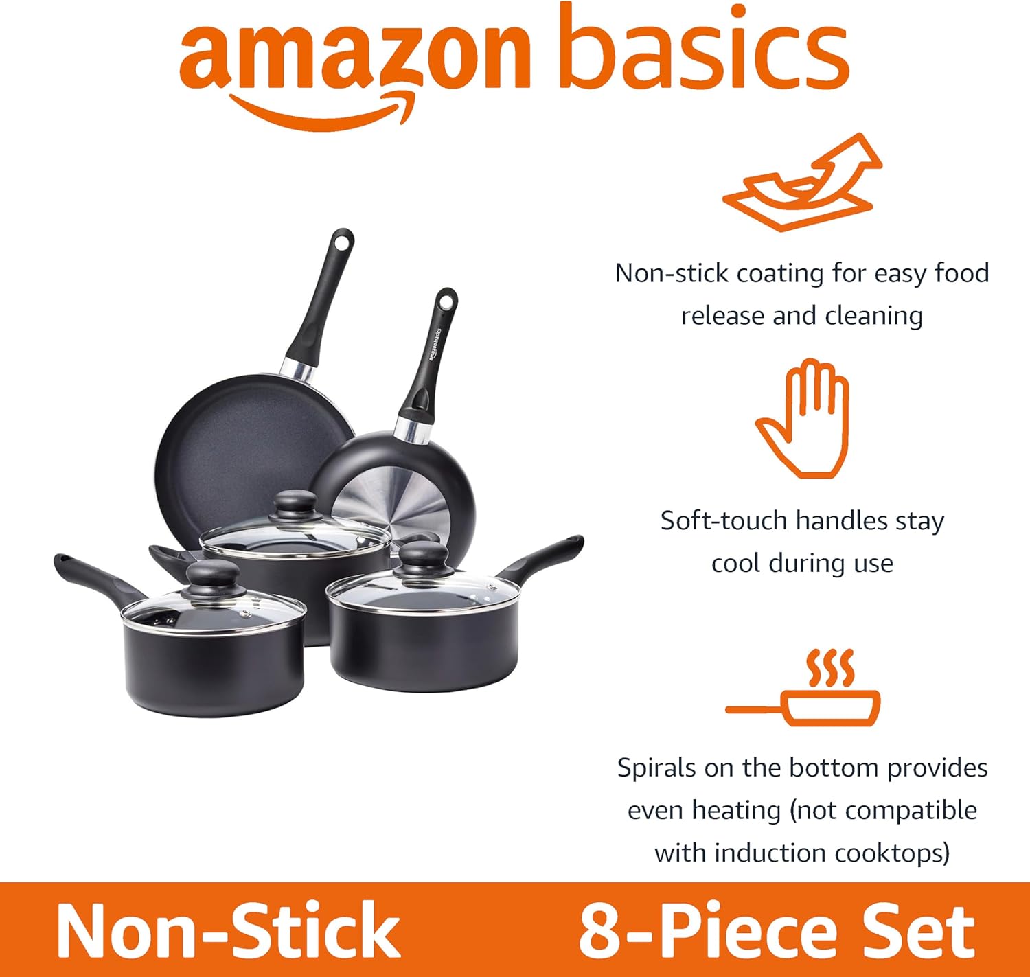 Amazon Basics Non-Stick Kitchen Cookware 8-Piece Set, Non-Induction, I