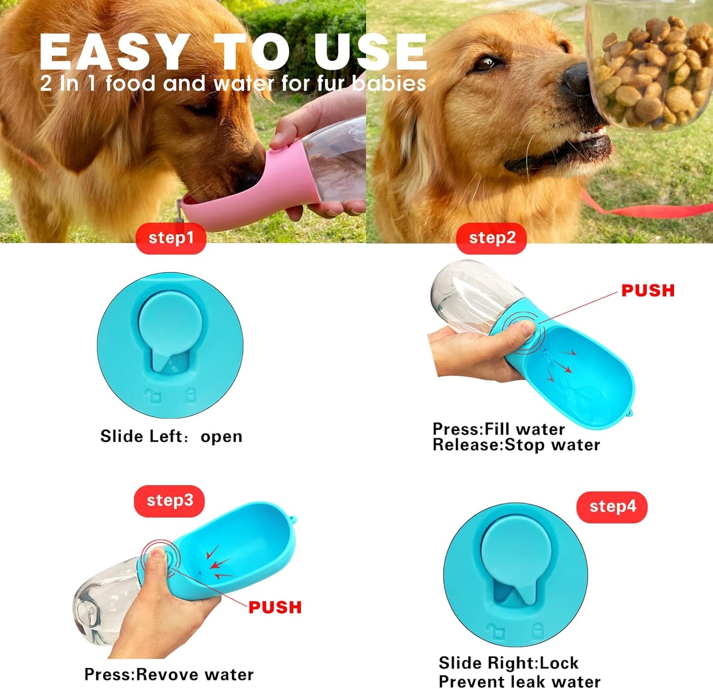 Dog Water Bottle with Food Container, Portable Leak Proof Pet Water Di