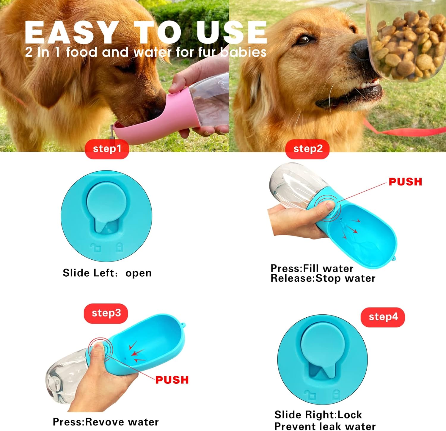 Dog Water Bottle with Food Container, Portable Leak Proof Pet Water Di
