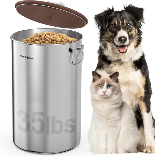 35 Lbs Stainless Steel Dog Food Storage Container with Airtight Wooden