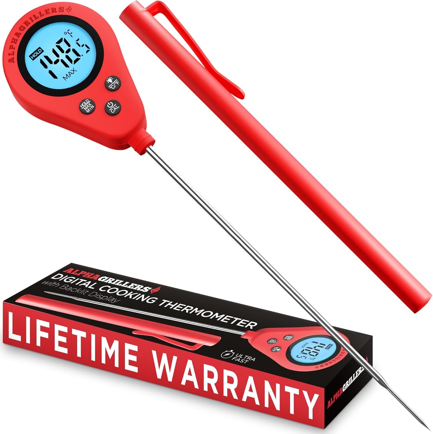 Alpha Grillers Instant Food Thermometer for Meat and Cooking Sourdough Bread Baking Supplies Grilling Gifts for Men Women Gifts for Mom Seniors, Long Probe Large Backlit Display
