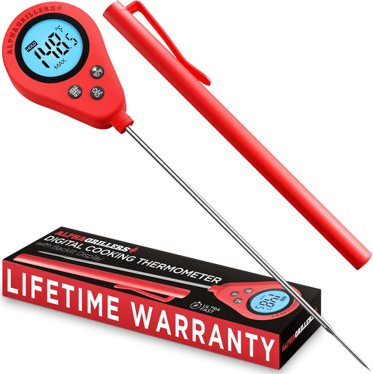 Alpha Grillers Instant Food Thermometer for Meat and Cooking Sourdough Bread Baking Supplies Grilling Gifts for Men Women Gifts for Mom Seniors, Long Probe Large Backlit Display