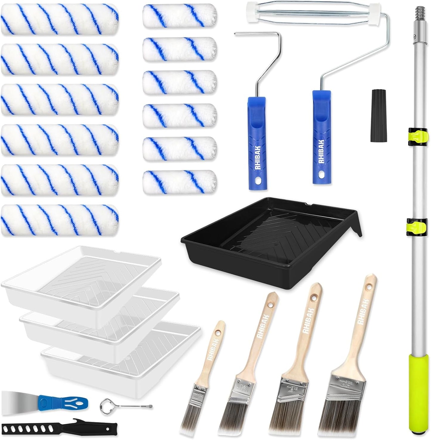Paint Roller Kit with Extension Pole, 27 Piece Set, 2 to 4 Ft Pole, 4"
