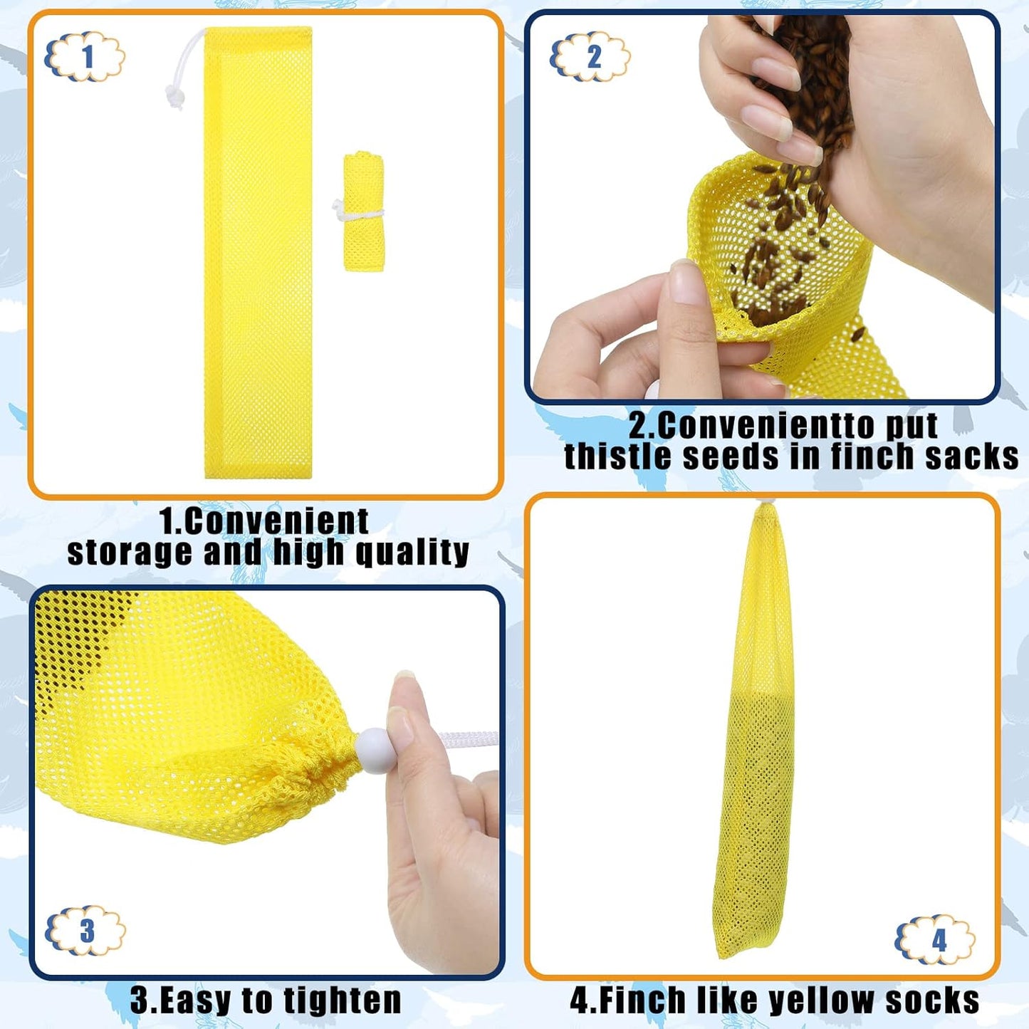 Shappy 6 Pieces Finch Sock Feeder Finch Feeders for Outdoors Hanging Thistle Bird Sock for Thistle Seed Bird (Yellow, 3.94 x 15.5 Inch, 3.54 x 12.5 Inch, 4.75 x 9 Inch)