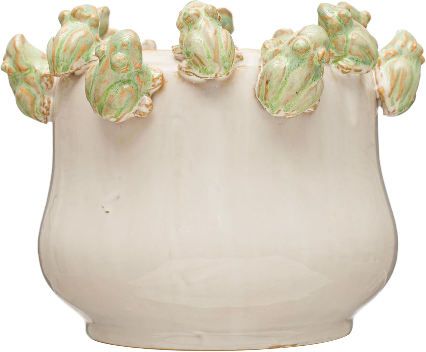 Creative Co-Op Stoneware Planter with Frogs on Rim and Reactive Glaze,