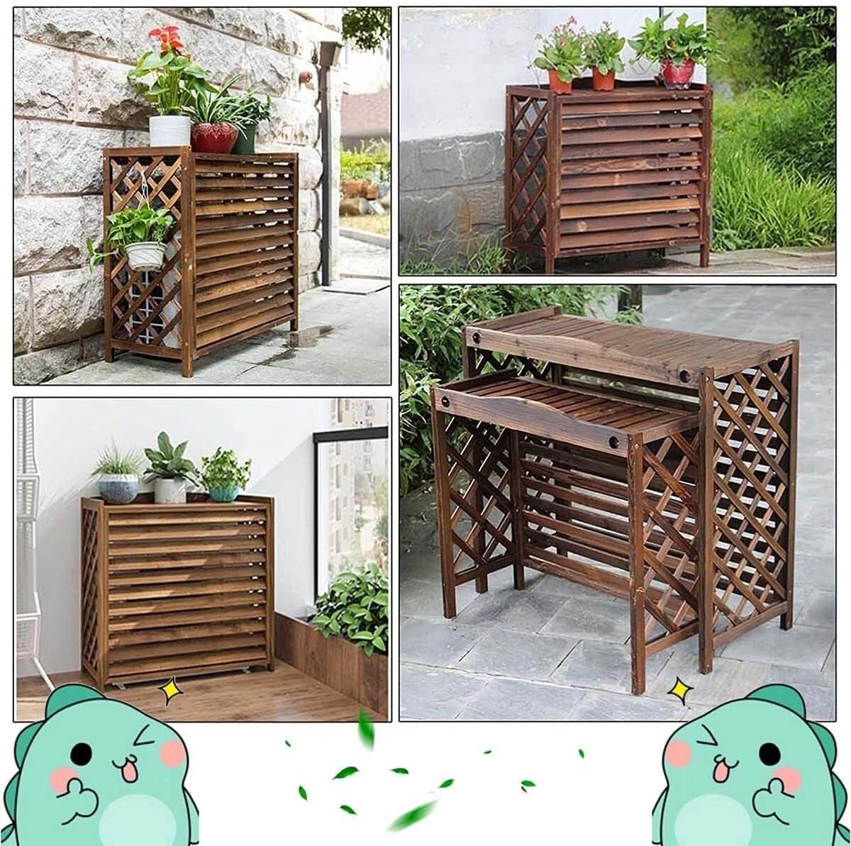 Wooden Air Conditioner Cover & Privacy Screen with Flower Stand, Louvered Frame for Outdoor AC Units, Plant Display Rack, 4 (100x43x94cm/39.3x17x37in) (Brown 85x35x75cm/33.4x13.7x29.5in)