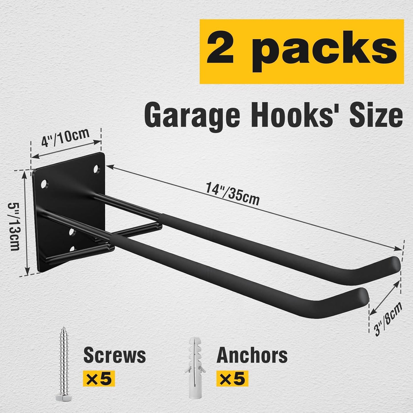 2 Pack 14“ Garage Hooks Heavy Duty, Wall Mounted Tool Hangers for Ladders, Ladder Hooks for Garage Wall, Bicycles, Power Tools, Car Tires, Chairs, Garden Tools and More