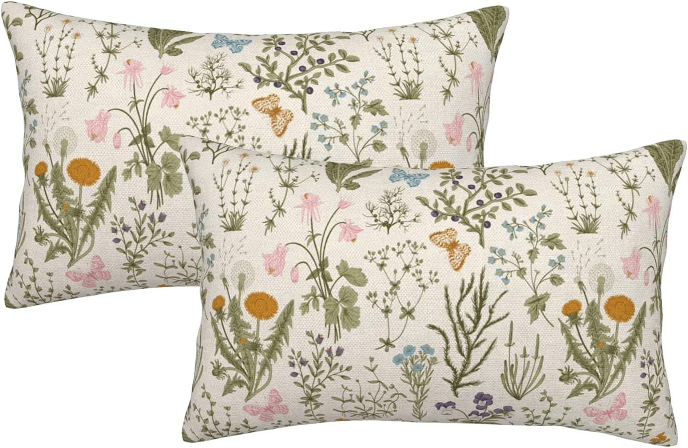 AEIOAE Spring Pillow Covers 12x20 Inch Set of 2,Sage Green Wild Flower Plant Throw Pillows Case,Seasonal Floral Outdoor Decorative Square Linen Farmhouse Decor Cushion Covers for Home Sofa Bed Couch