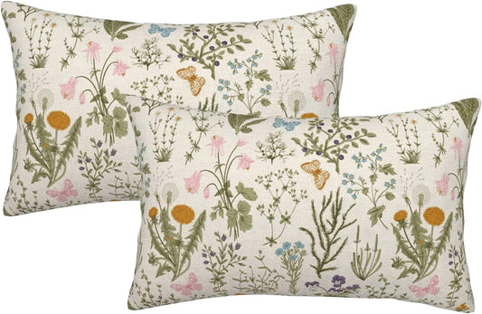 AEIOAE Spring Pillow Covers 12x20 Inch Set of 2,Sage Green Wild Flower Plant Throw Pillows Case,Seasonal Floral Outdoor Decorative Square Linen Farmhouse Decor Cushion Covers for Home Sofa Bed Couch