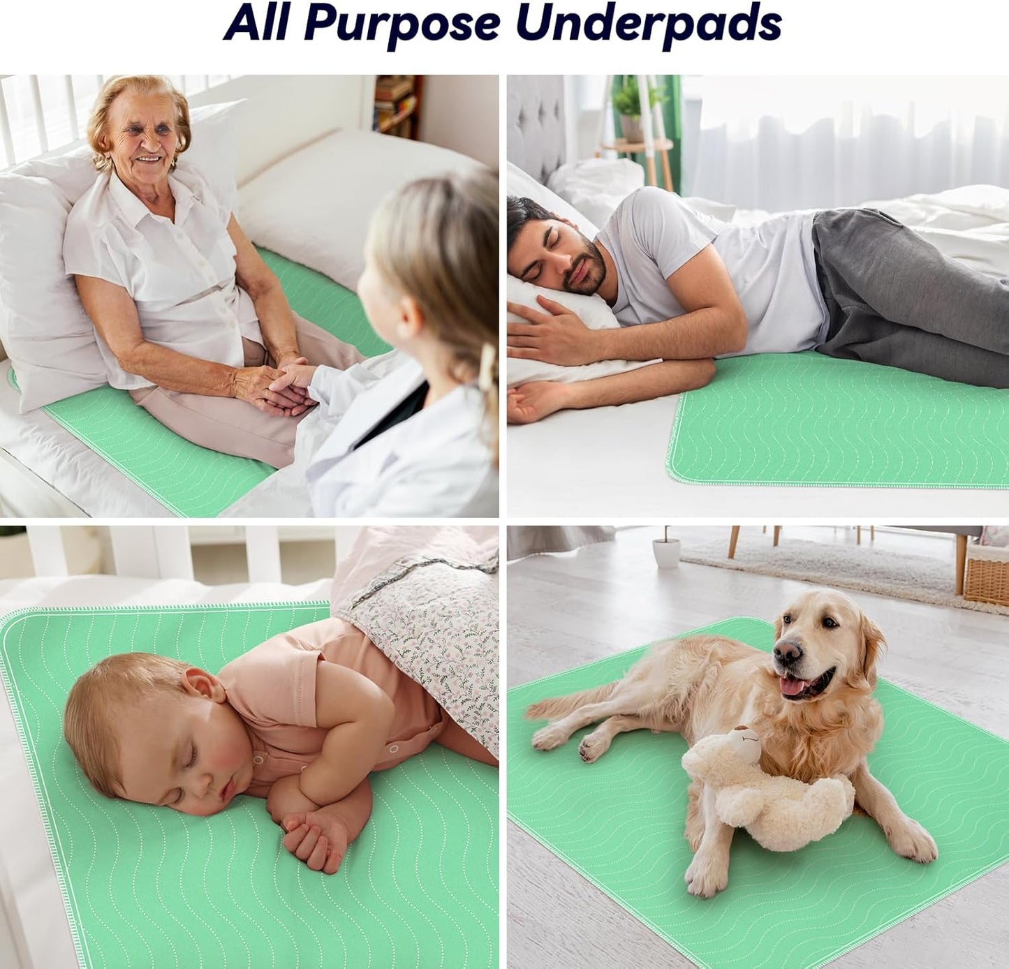 4 Pack 36” x 36” Extra Heavy Absorbency Washable Underpads, Waterproof