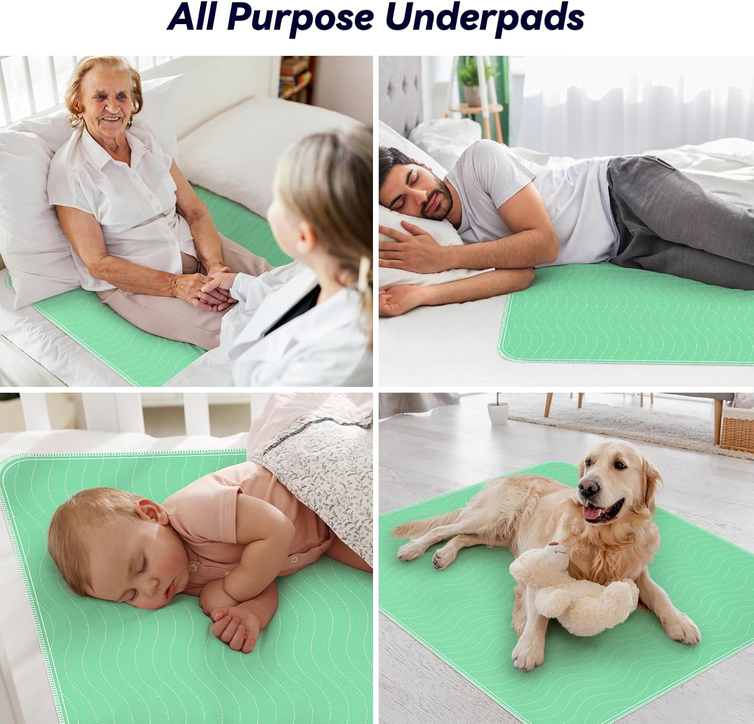 4 Pack 36” x 36” Extra Heavy Absorbency Washable Underpads, Waterproof