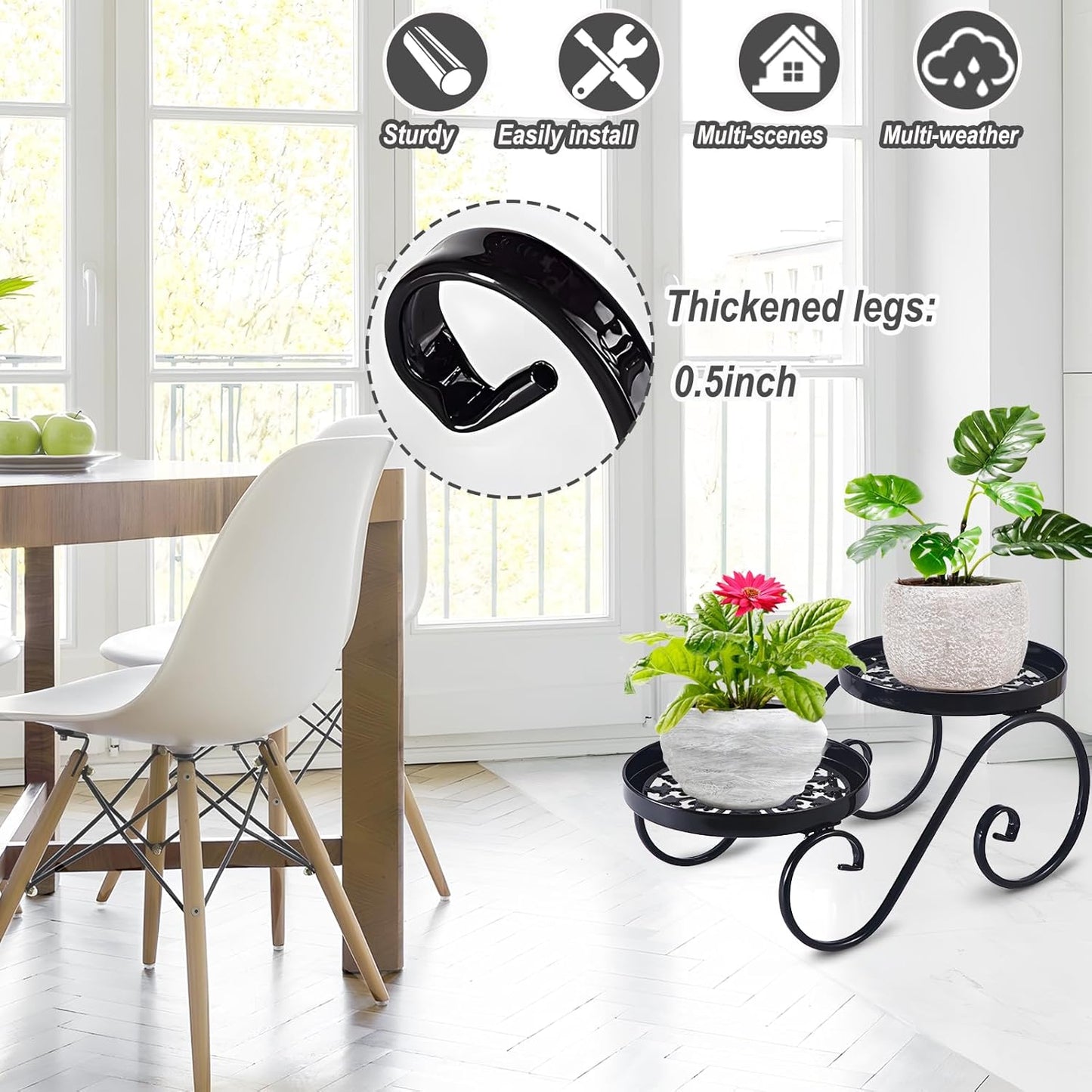 2 Tier Black Plant Stand, Metal Flower Stand Indoor Outdoor, Anti-Rust