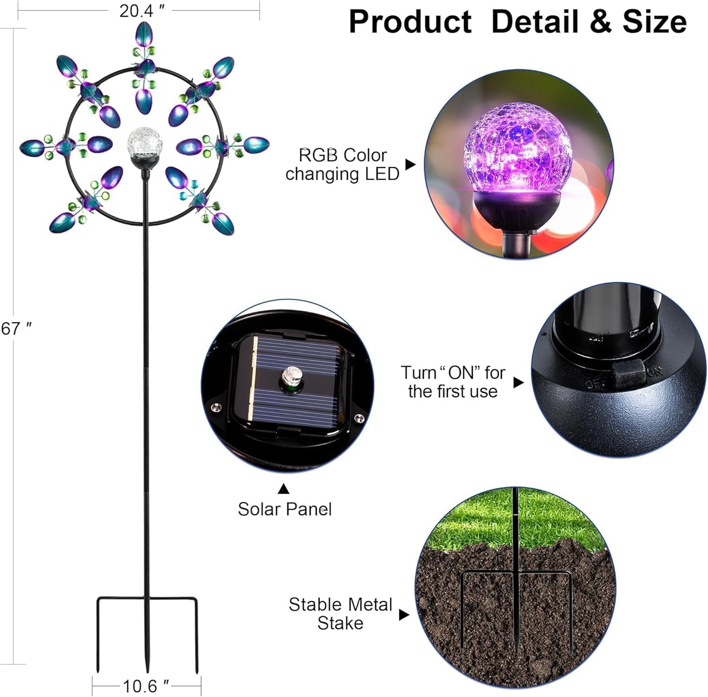 Large Peacock Solar Wind Spinner Outdoor - Metal Kinetic Sculptures wi